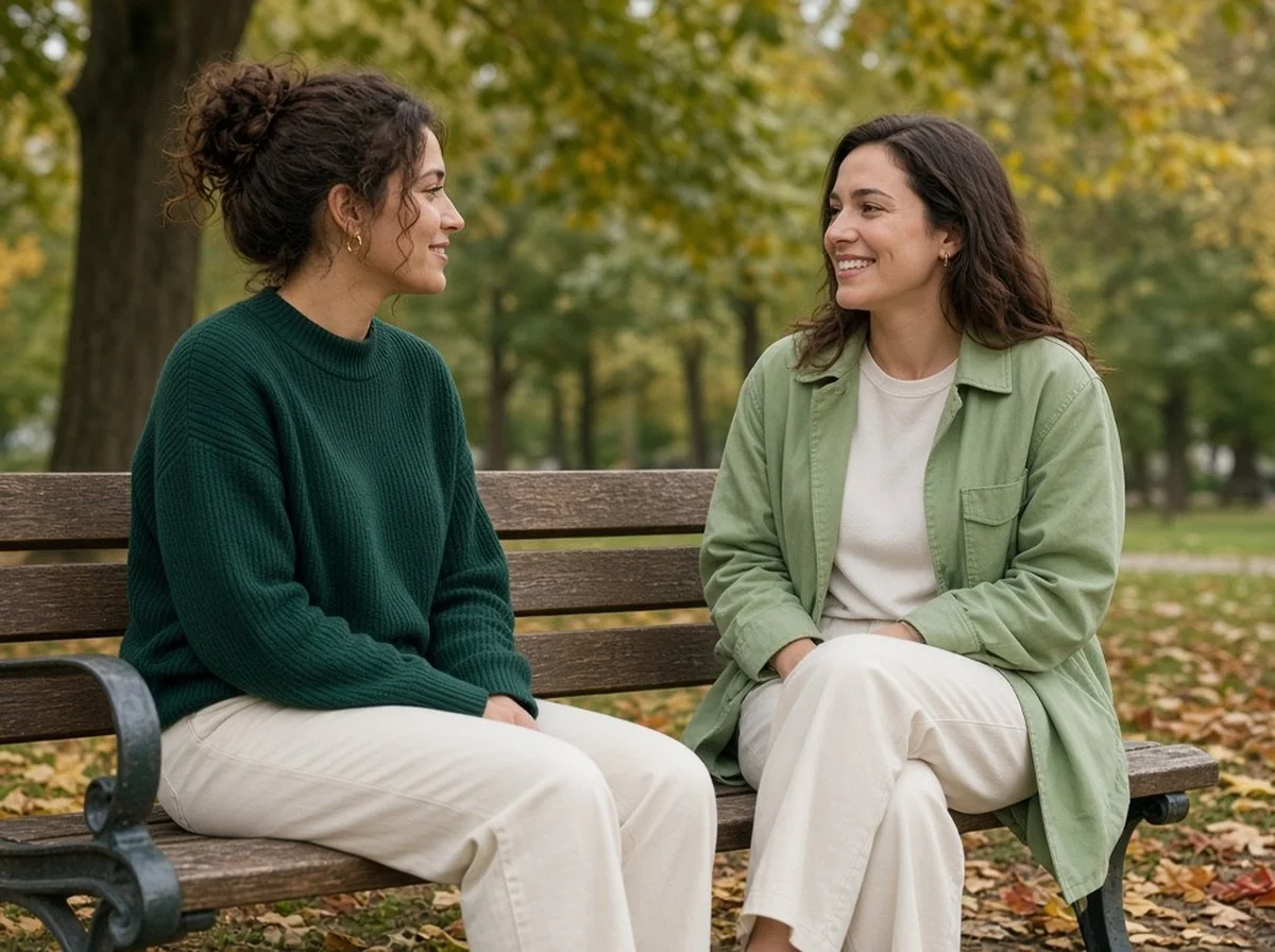 Two friends talking on a park bench in autumn