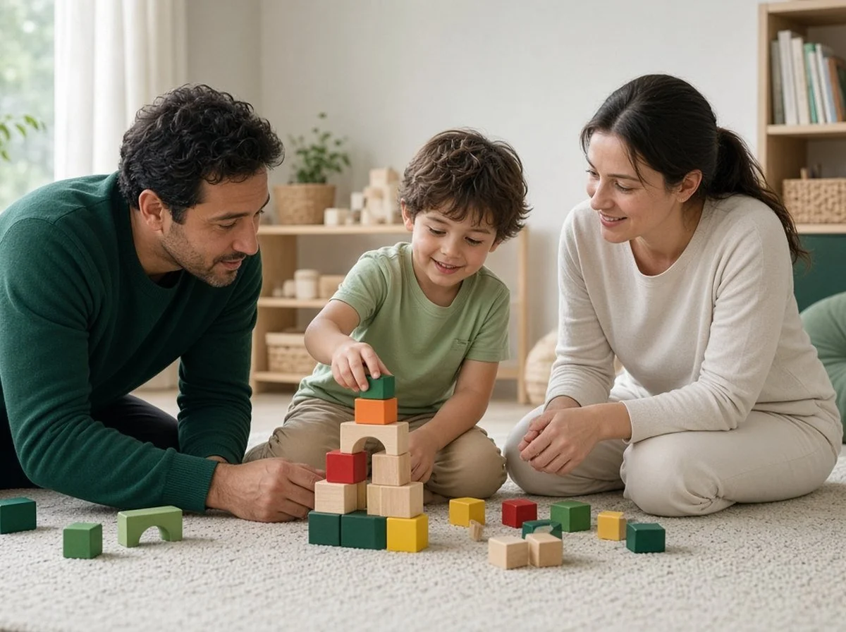Child building with blocks alongside two adults