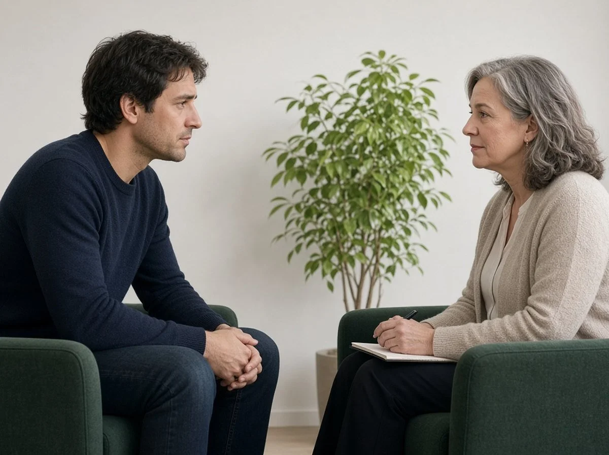 Man talking with a grey-haired woman therapist