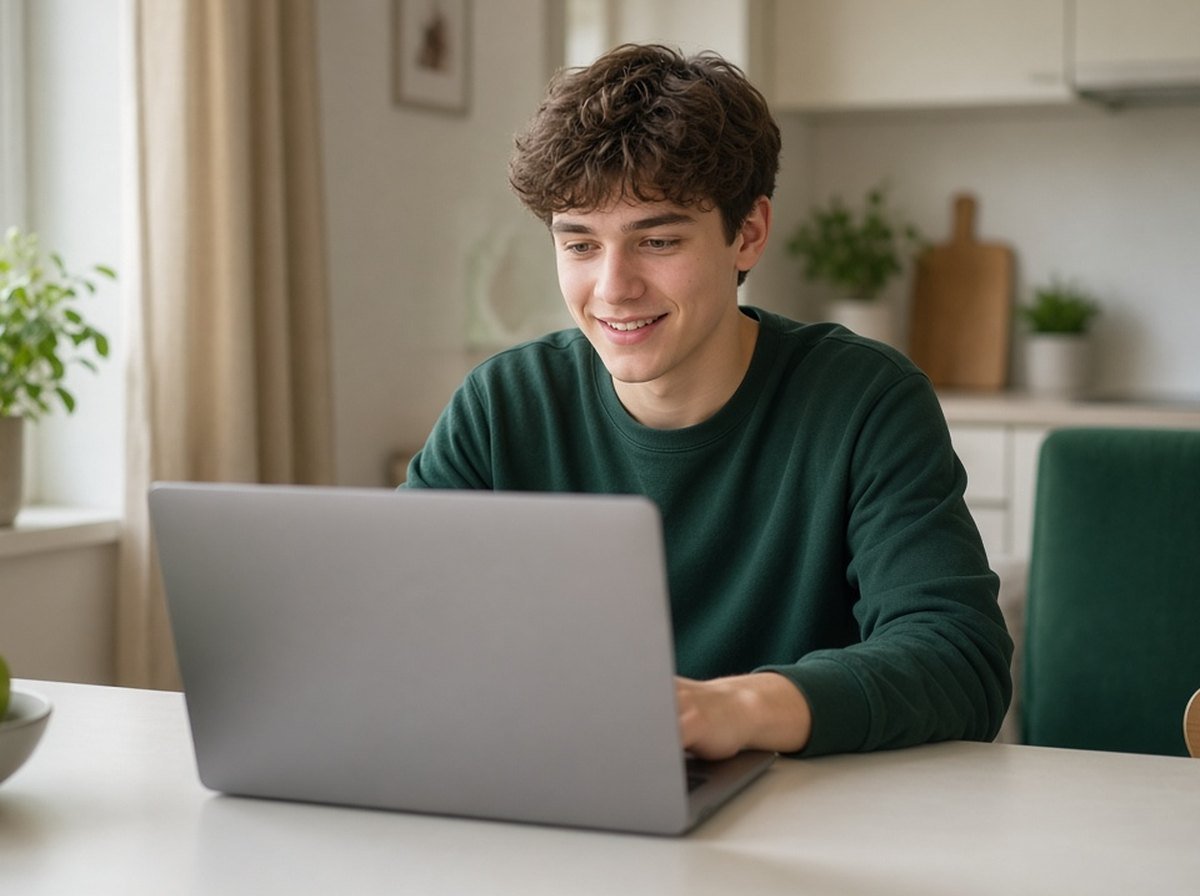 A teen in an online CBT session at a kitchen table