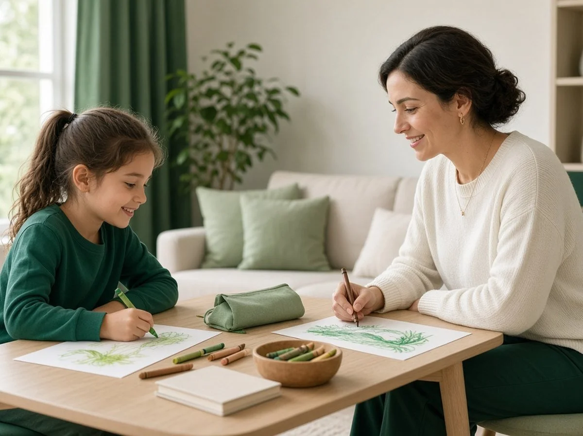 A child and a counsellor drawing together in a bright office