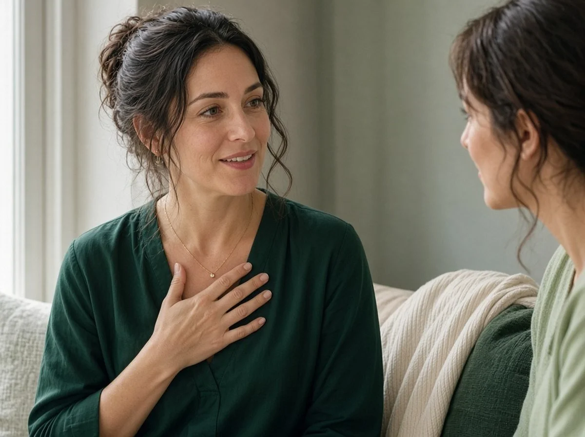 A woman pausing calmly with a friend by a sunny window