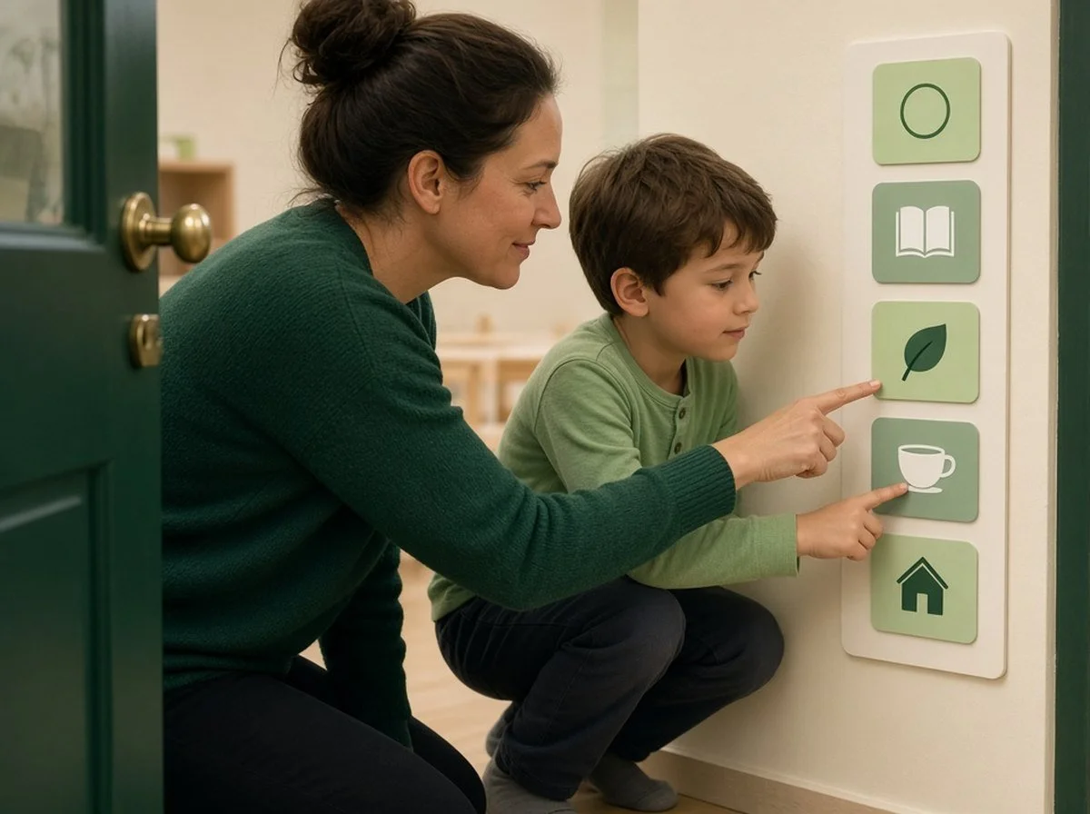 Parent and child looking at a picture schedule at a classroom door