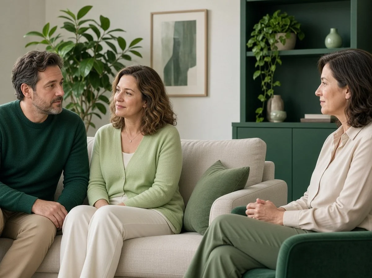 A couple talking with a therapist in a calm counselling room