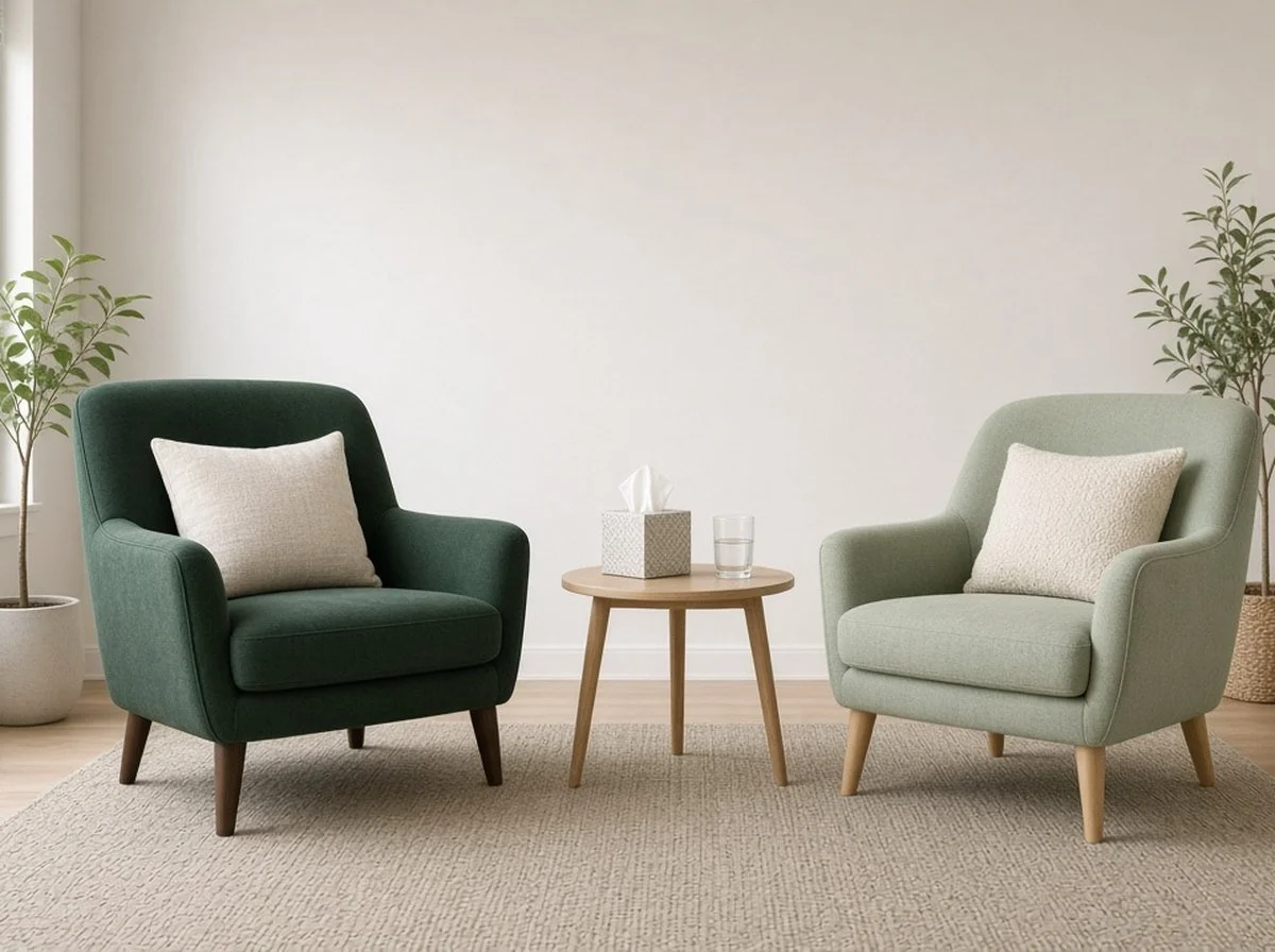 A welcoming counselling room with two chairs and soft light.