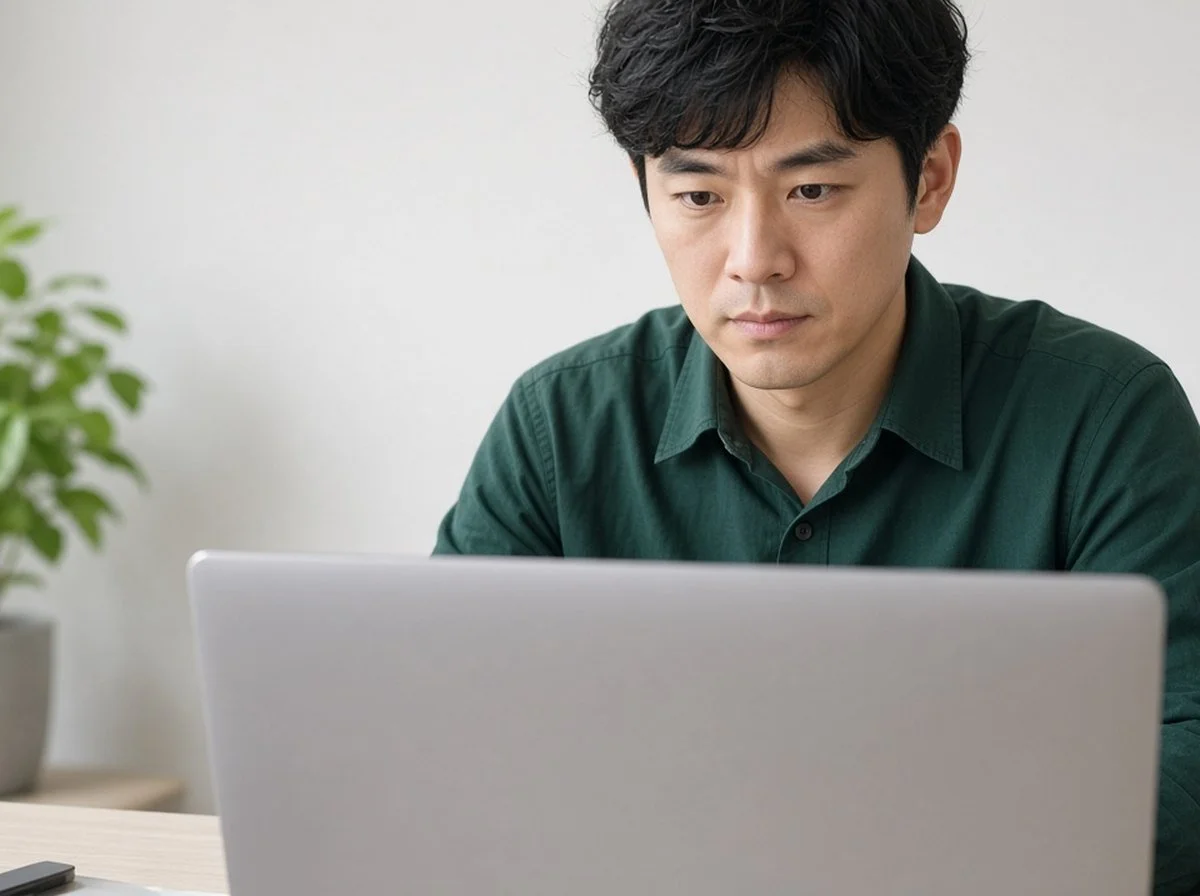Man working at a laptop with a focused expression