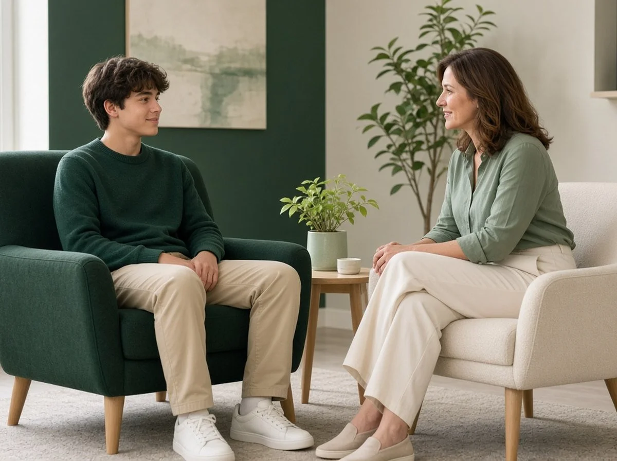 A teen talking with a therapist in a bright office