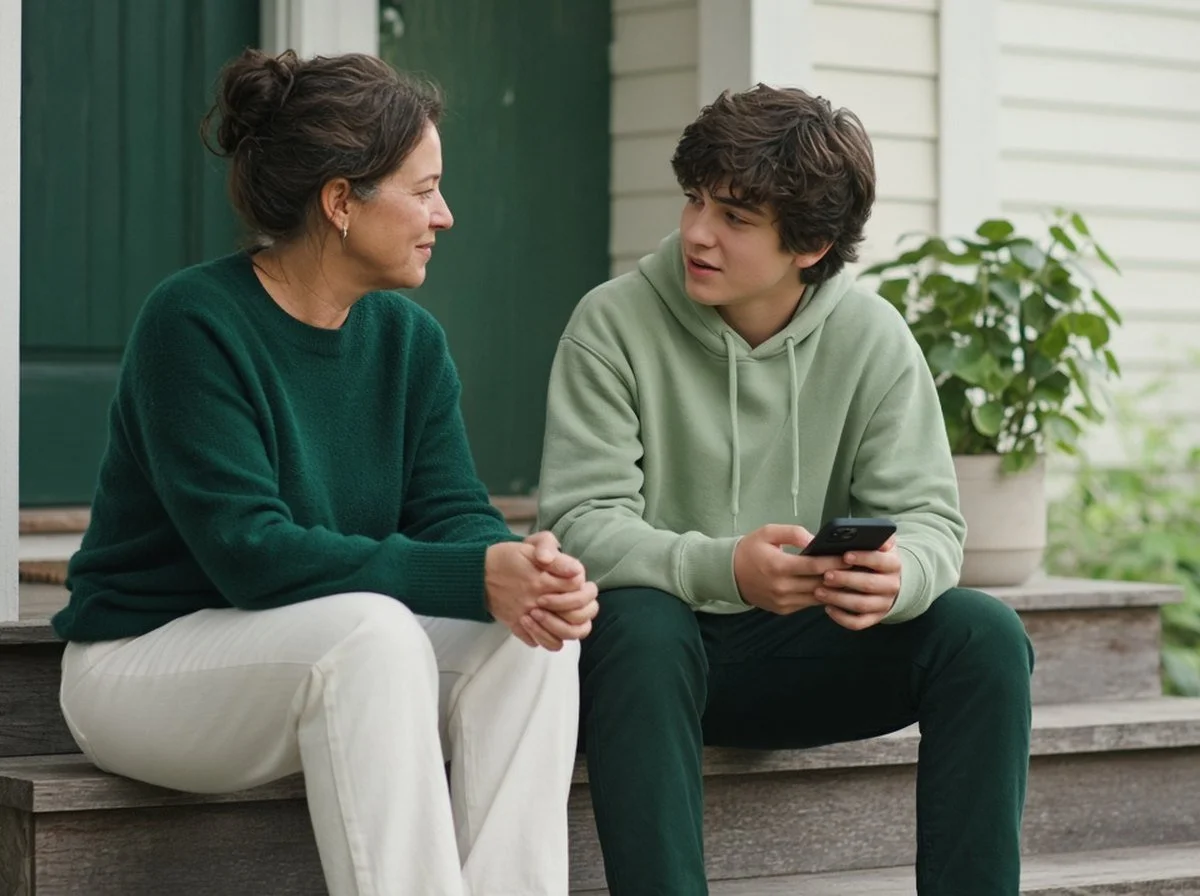 A parent and teen talking on a porch step, the teen holding a phone