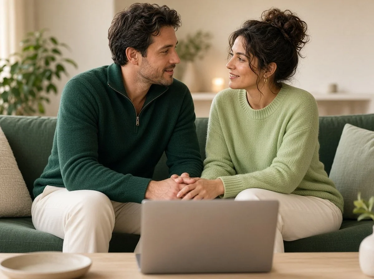 A couple talking together at home before an online session