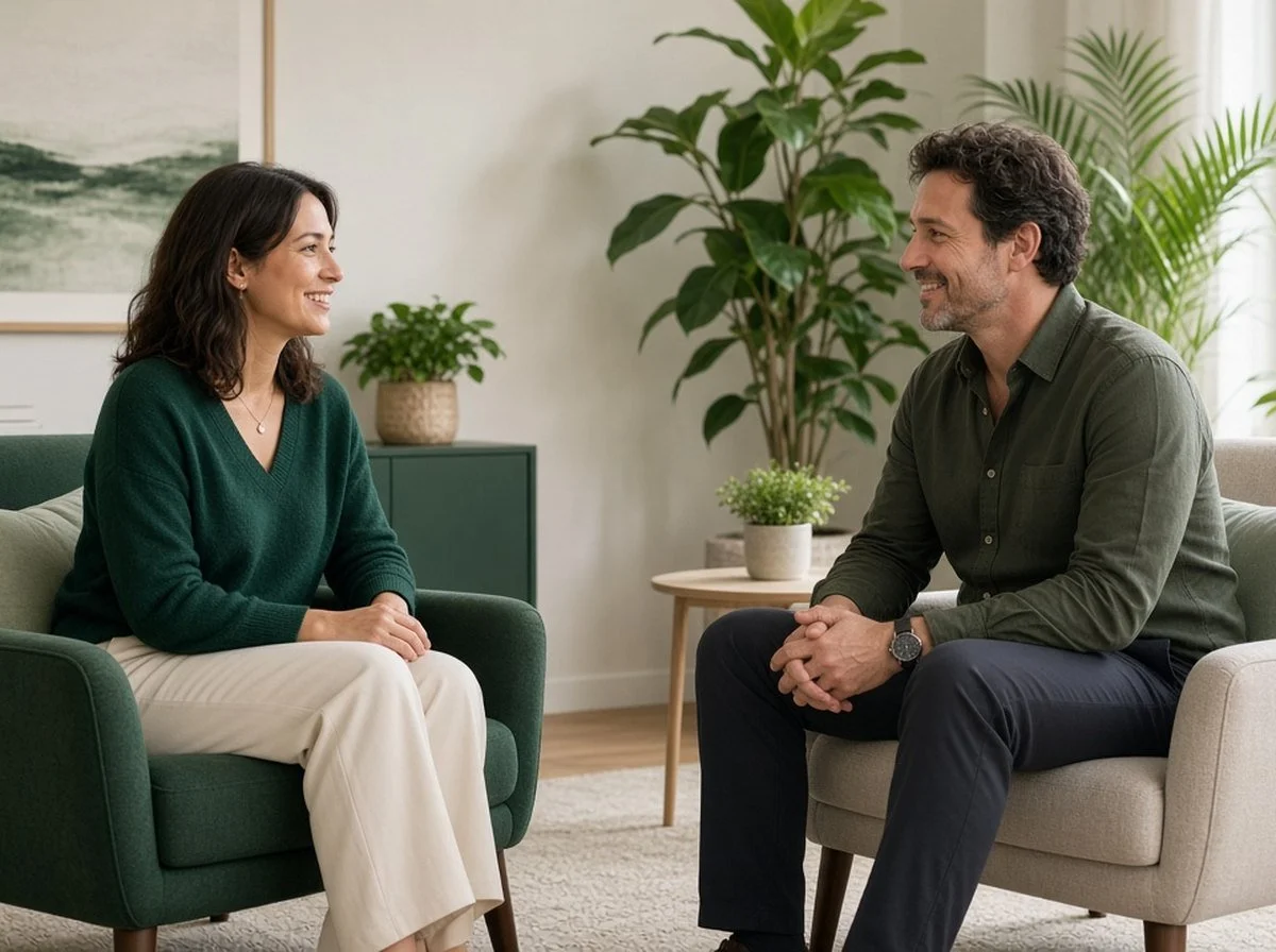 A therapist and client smiling at the start of a session