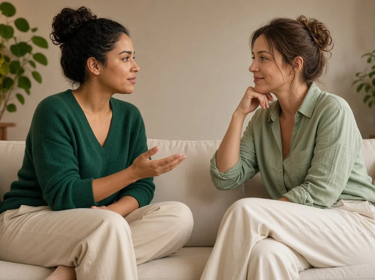 Two friends talking openly on a couch at home