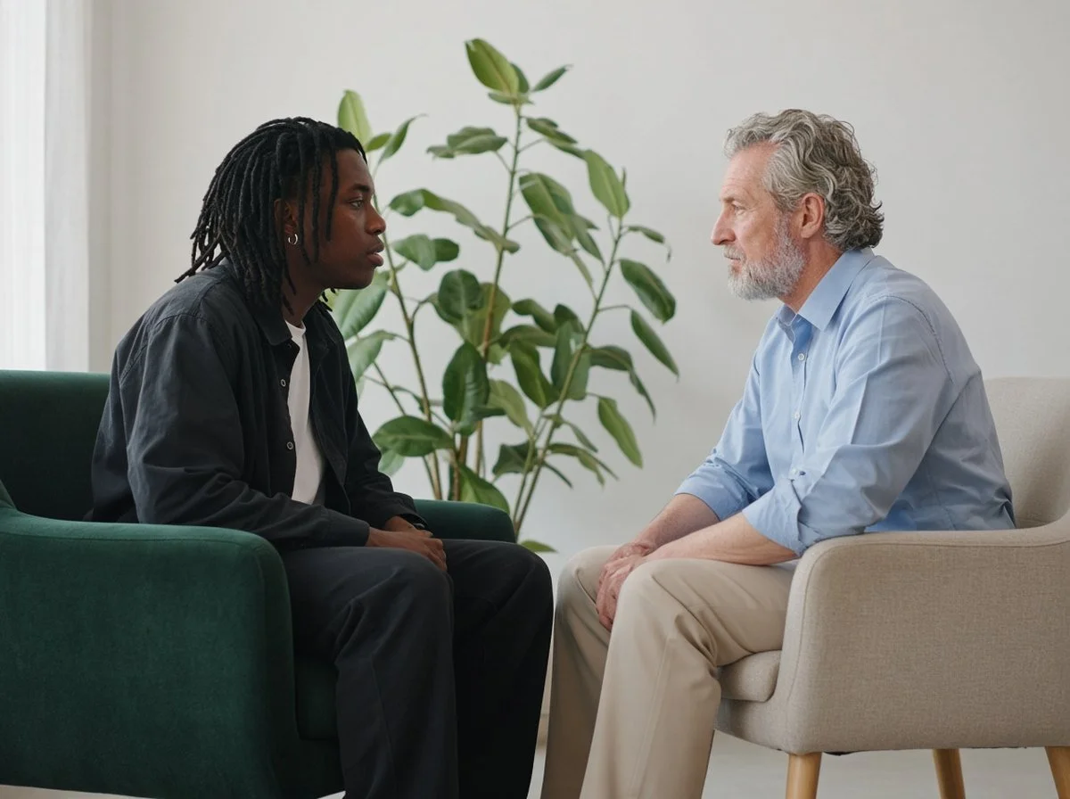 Young man talking with a therapist about worry