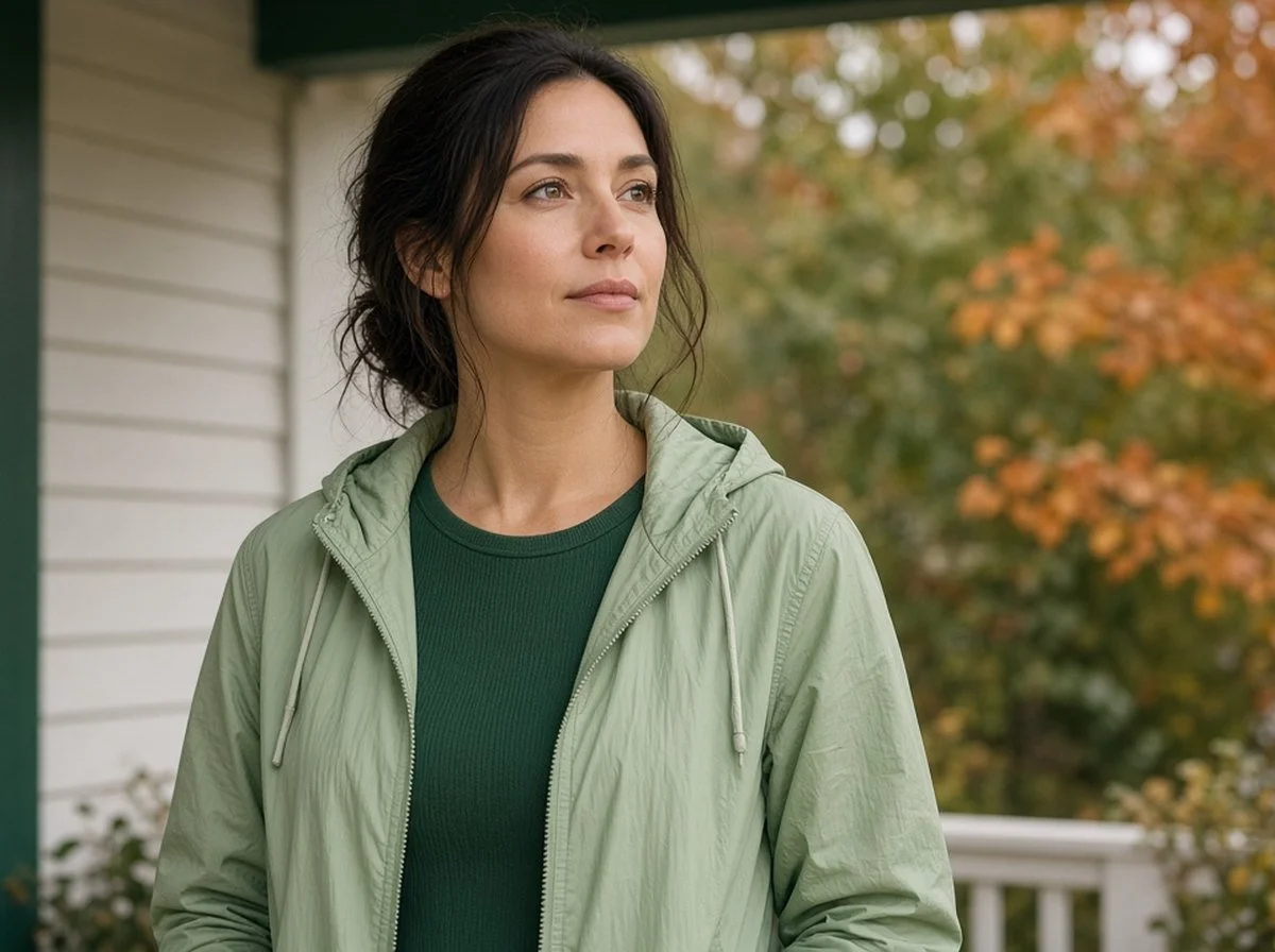 A person taking a calm breath on a porch in autumn