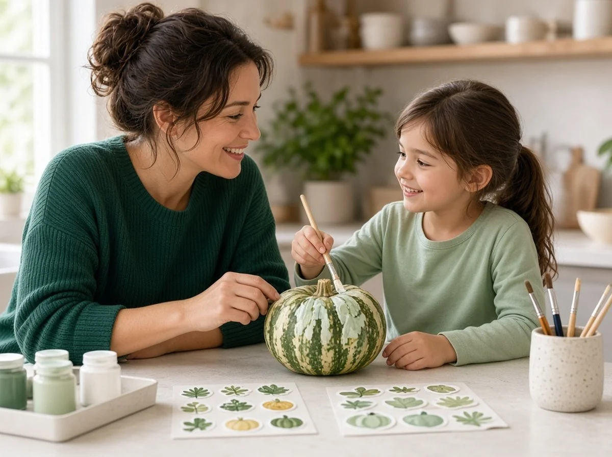 A parent and child decorating a pumpkin at a kitchen table
