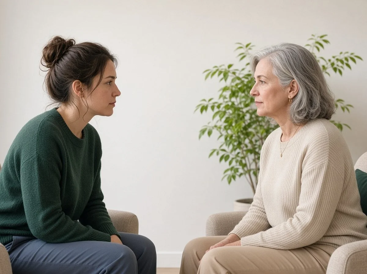 Young mother talking with a grey-haired woman therapist