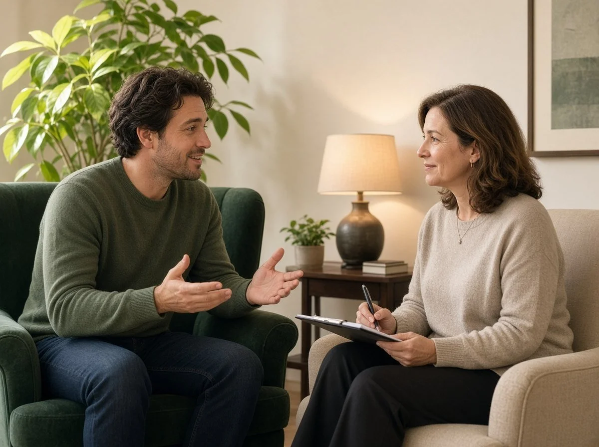 Man talking with a therapist in a warm counselling office