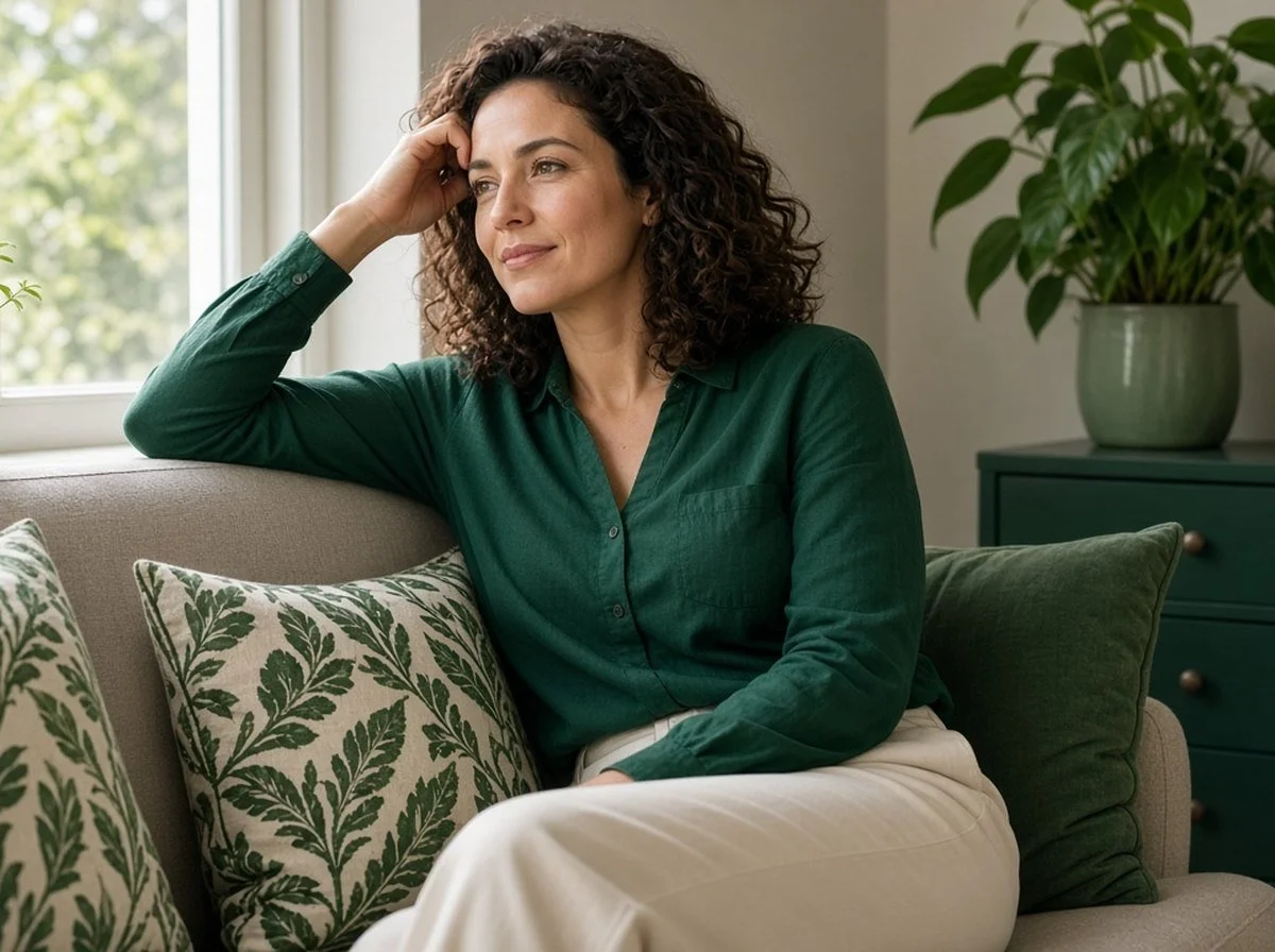 A thoughtful woman sitting by a window at home