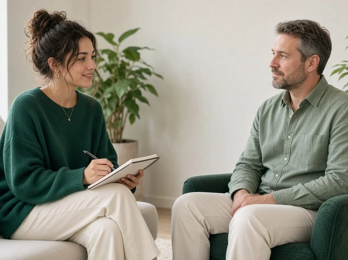 A woman writing in a notebook while a man listens