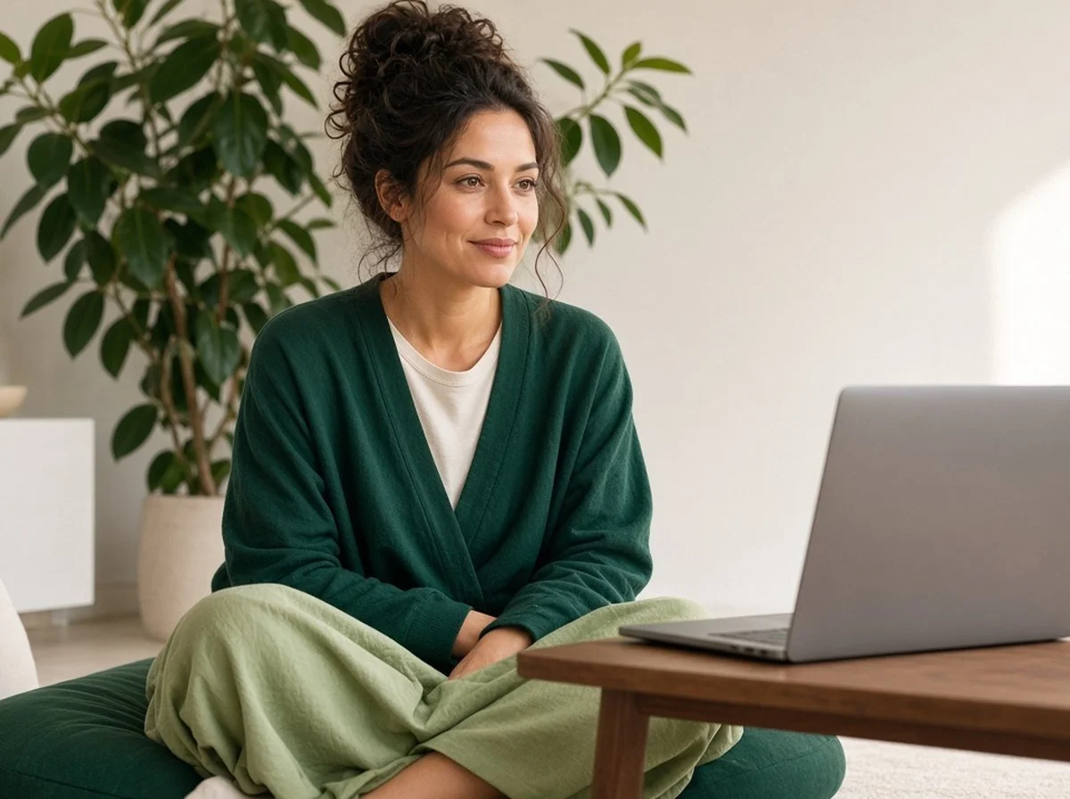 A woman at home during a relaxed online therapy session