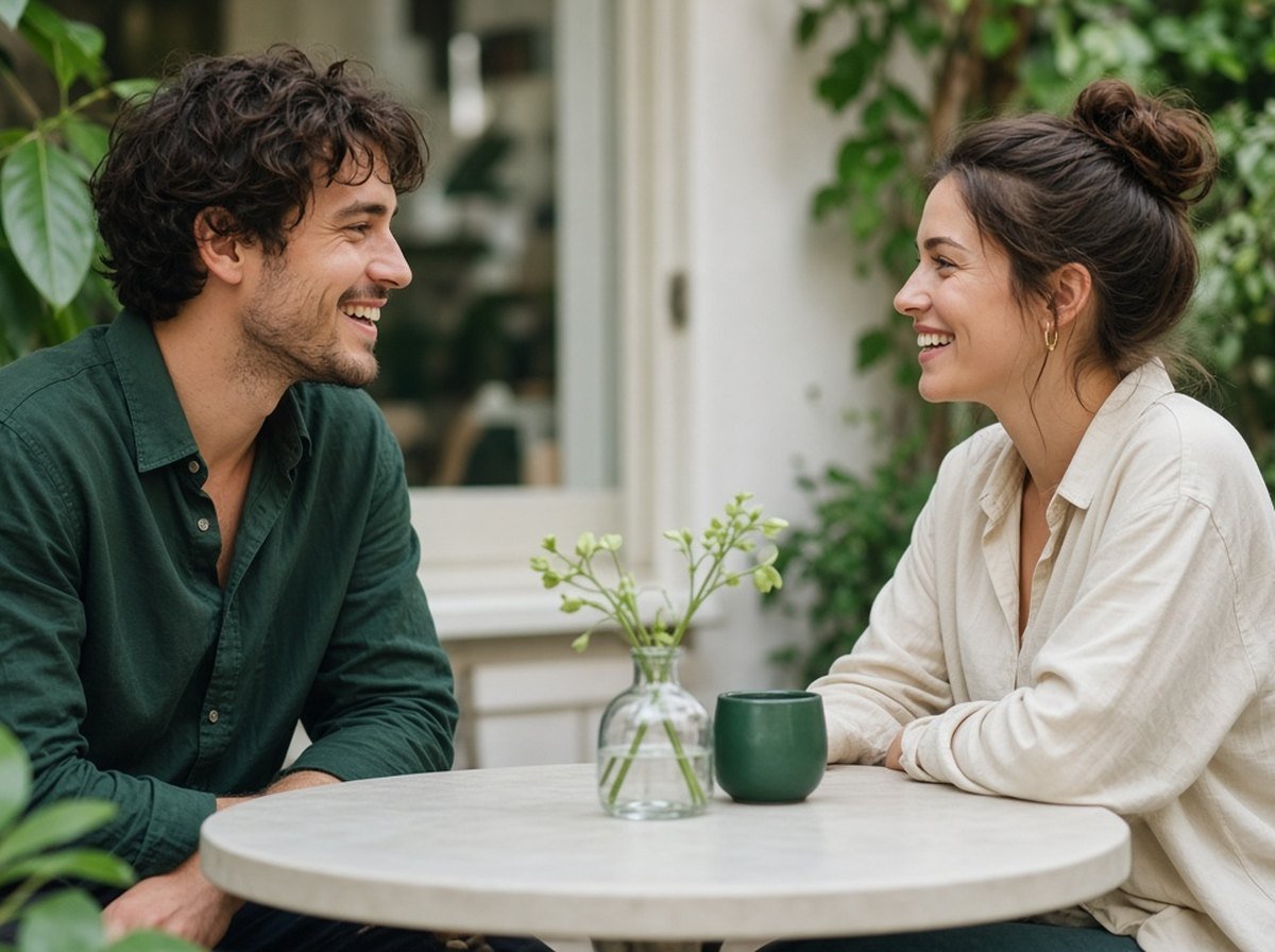 Two friends reconnecting over coffee at a quiet cafe