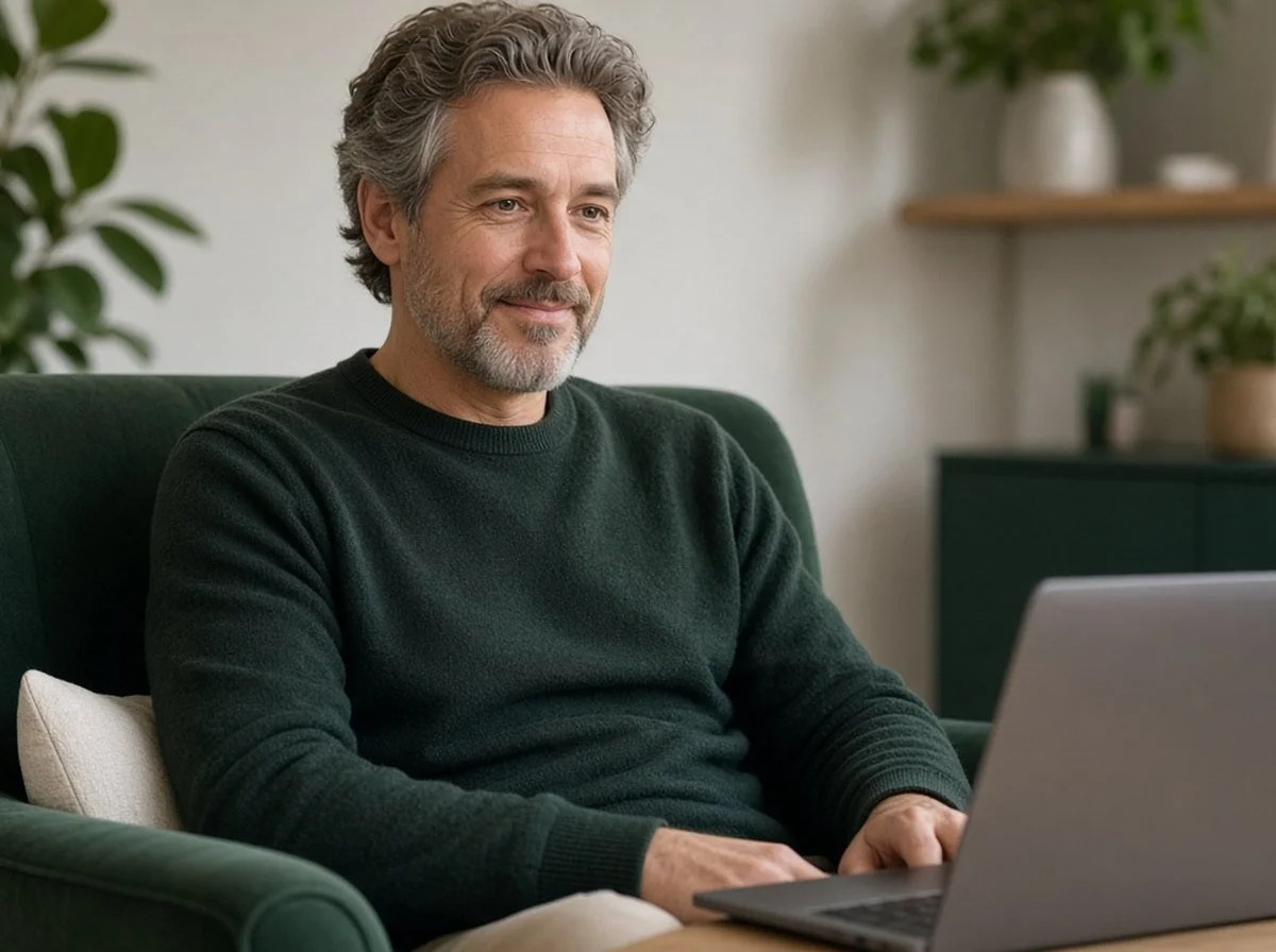 A man in an online counselling session at home