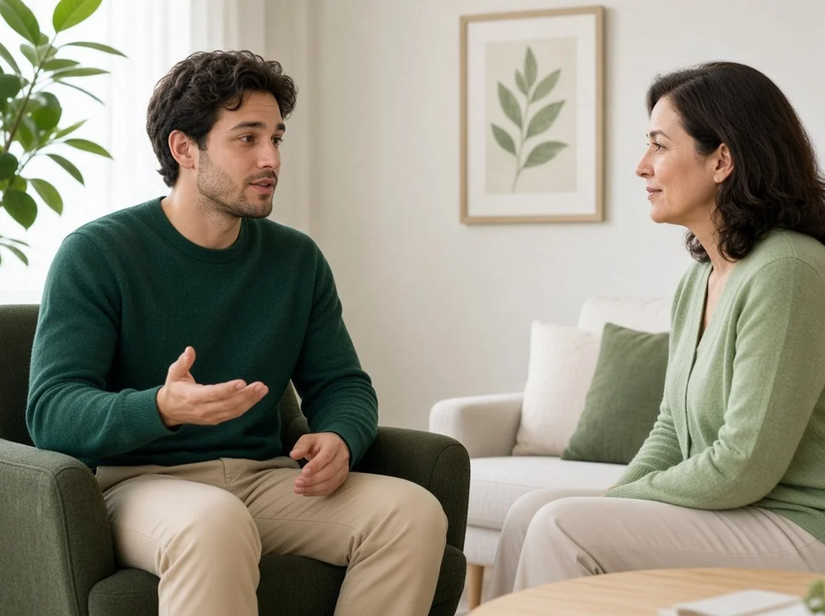 A young man talking with a therapist