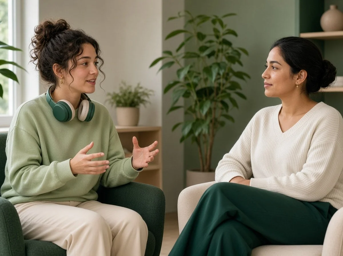 An adult with headphones around their neck talking comfortably with a therapist