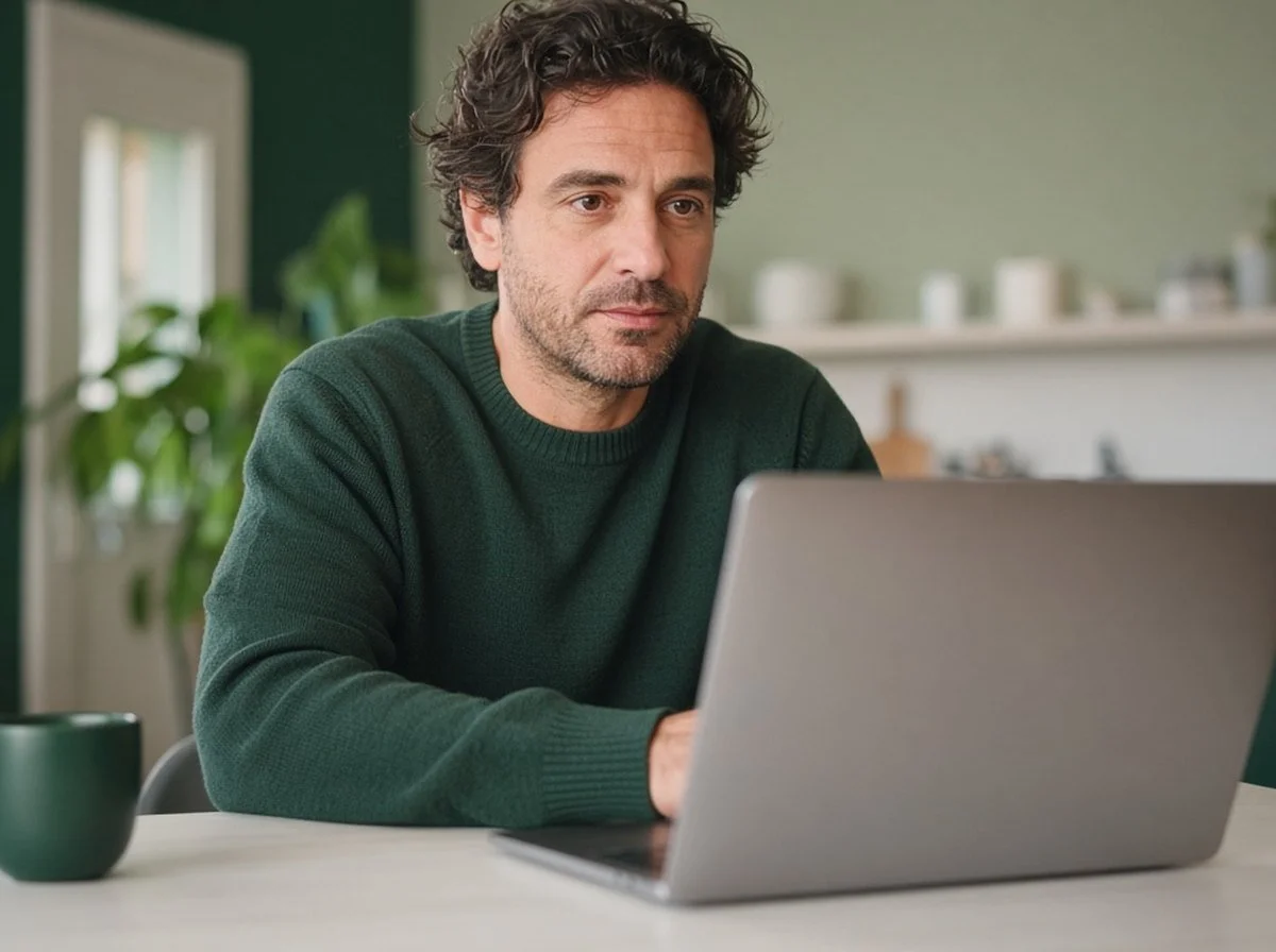 Man in an online therapy session at a kitchen table