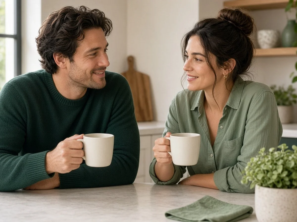 Two people talking over coffee at a kitchen table