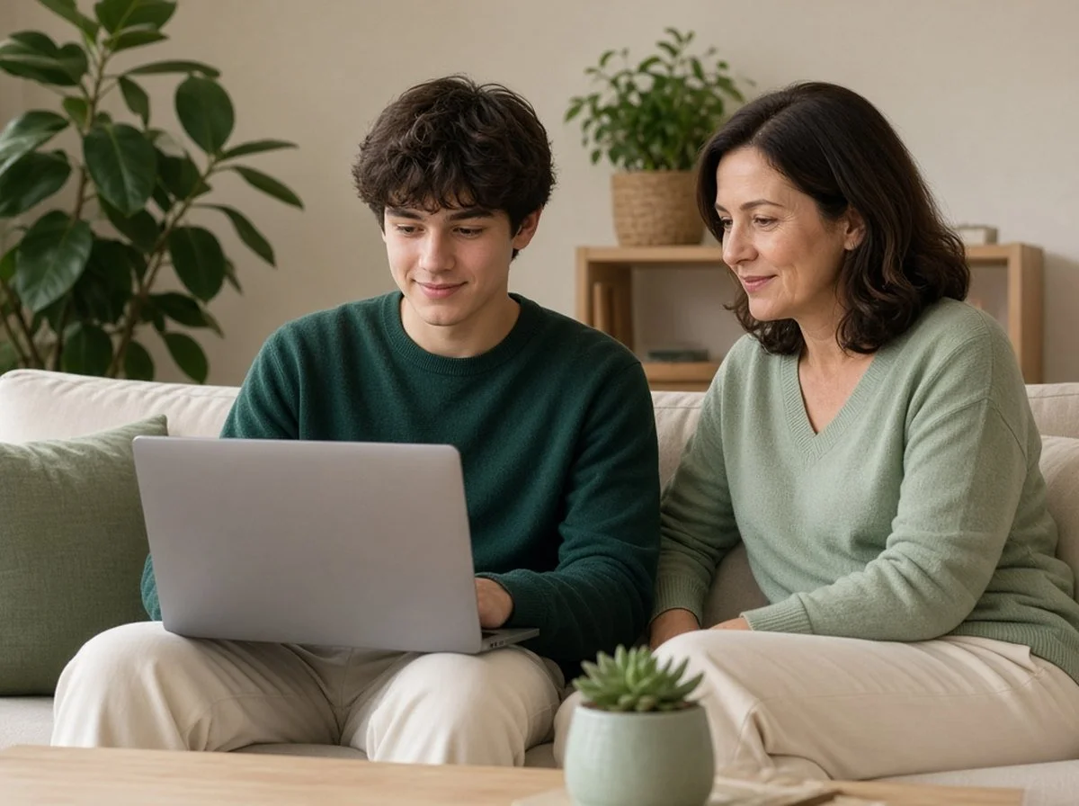 A parent and teen at home before the teen's online therapy session