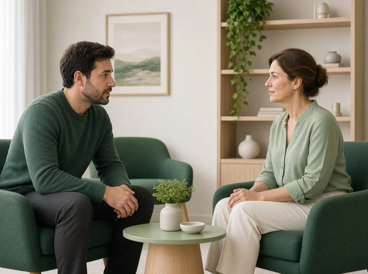 an adult talking with a counsellor