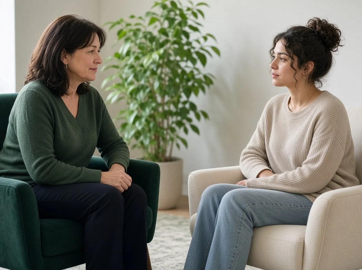 A counsellor and a young adult facing each other talking in a calm room
