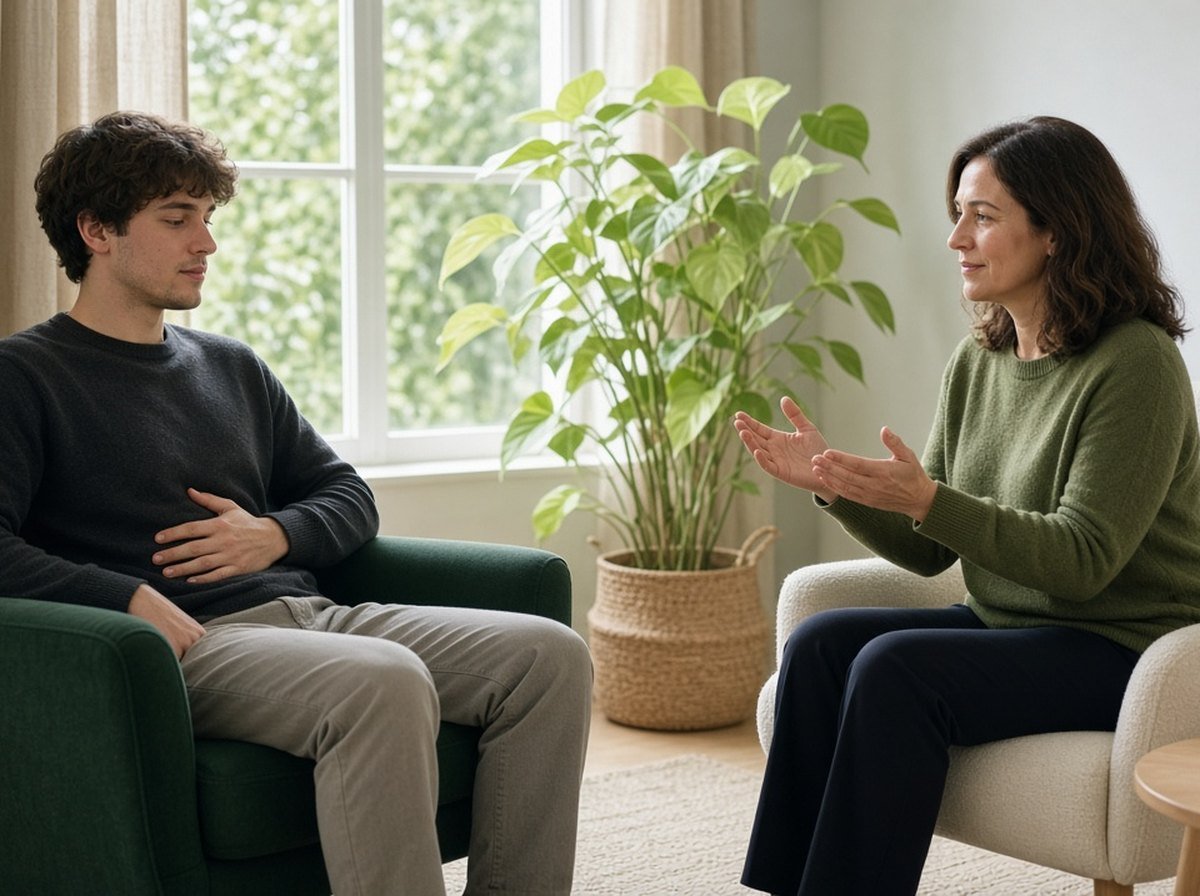 A counsellor and a young man talking face to face in a bright counselling room, the client looking more at ease