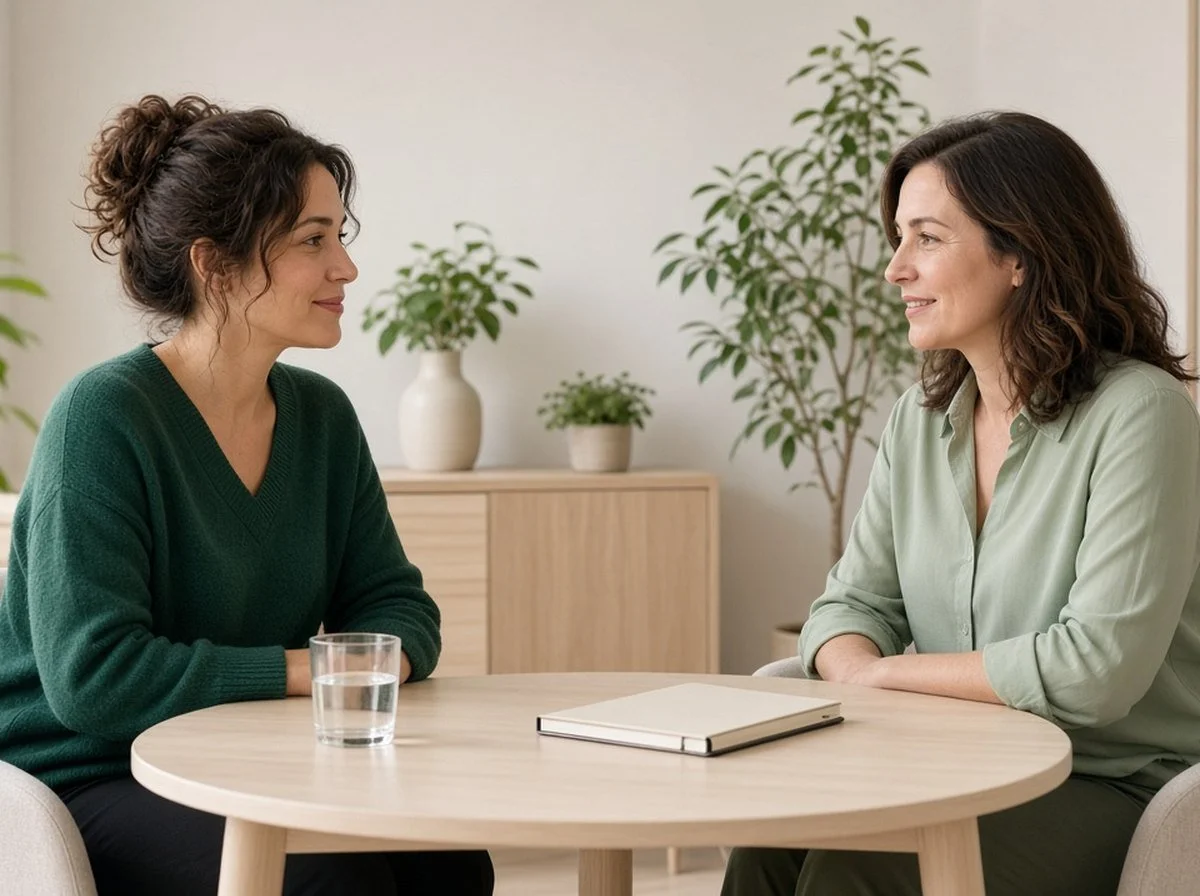 An adult talking with a psychologist across a small table in a calm office