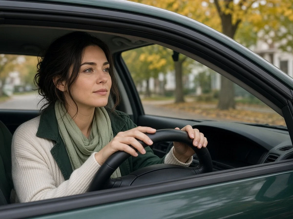 A woman sitting in her parked car taking a calming breath before going inside