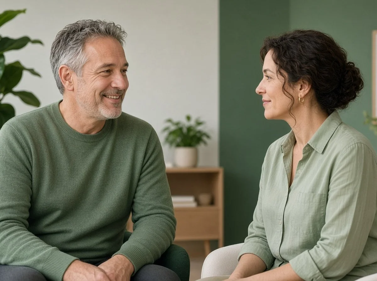 A man talking about work stress with a therapist