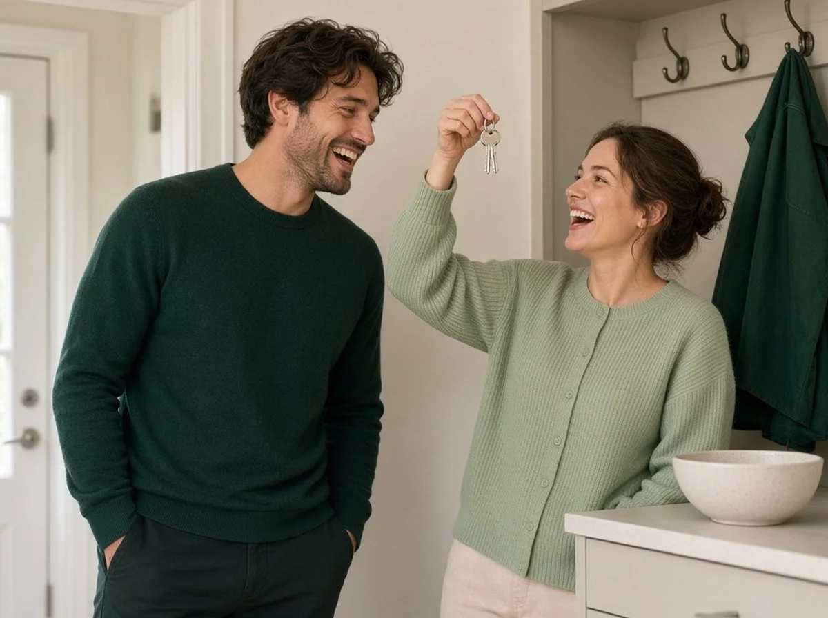 A couple laughing after finding lost keys in a hallway