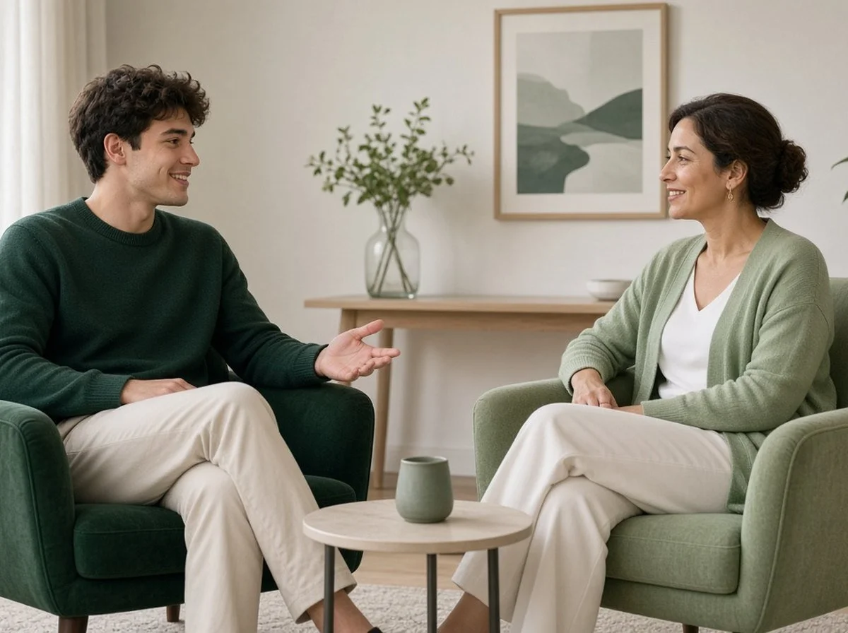 A young man smiling in a counselling session