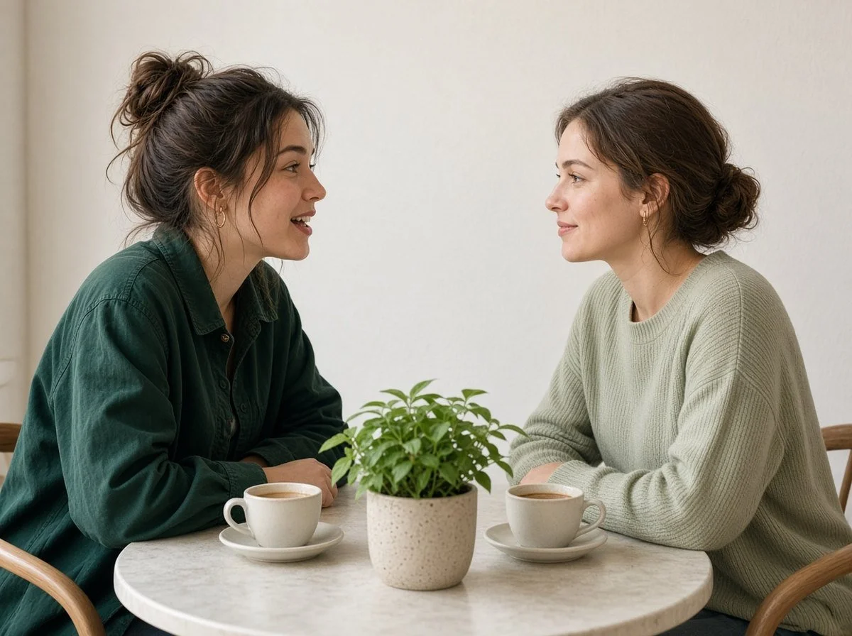 Woman smiling a little nervously while talking with a friend at a cafe