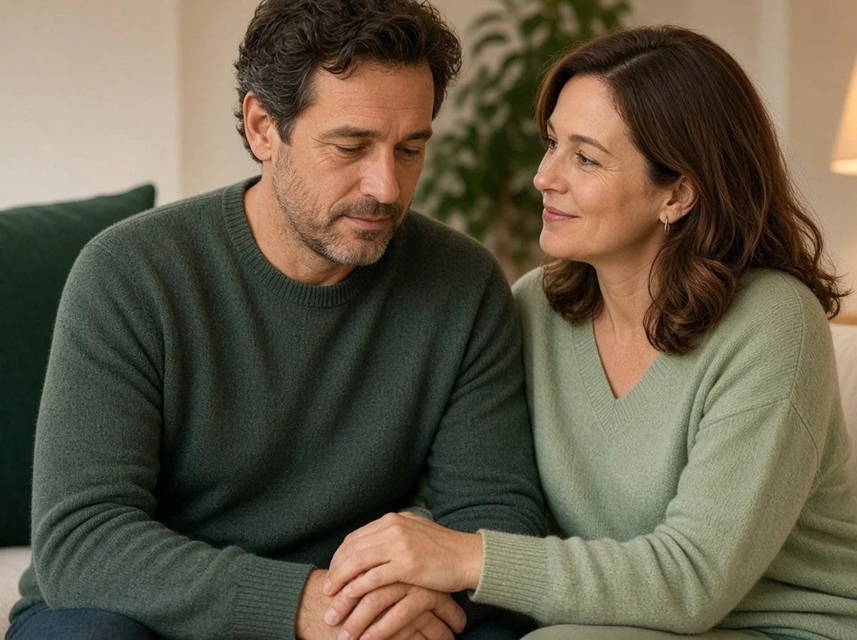 A couple holding hands and talking on a sofa