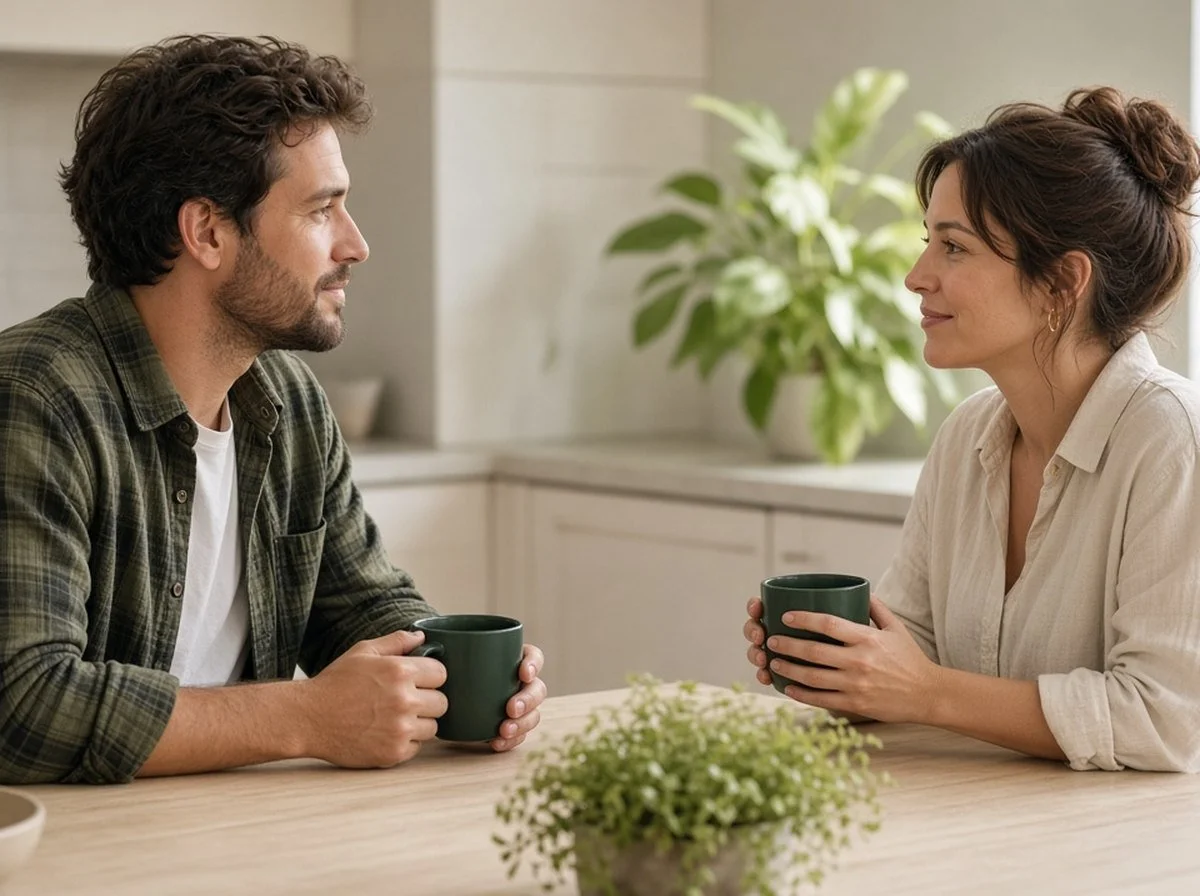 Couple talking at a kitchen table with mugs