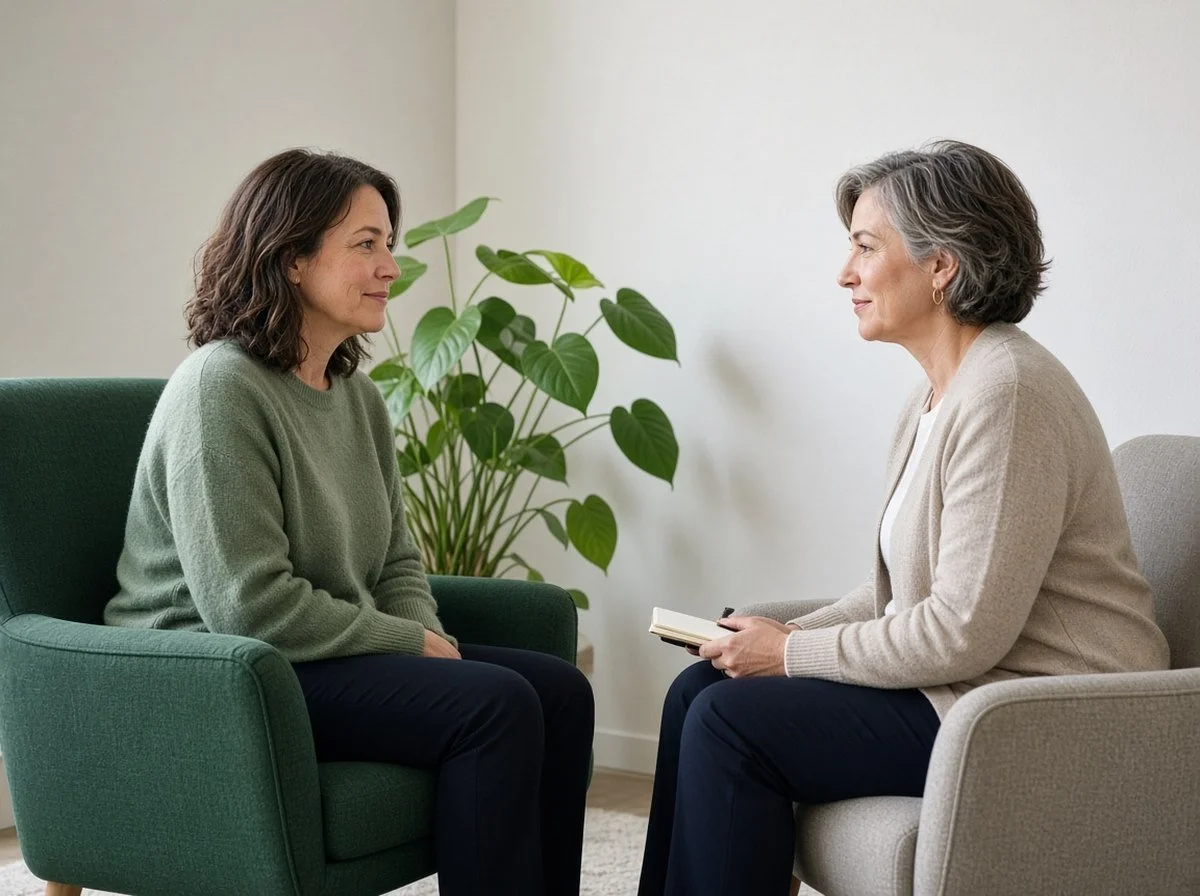 Woman talking with a therapist in a calm office