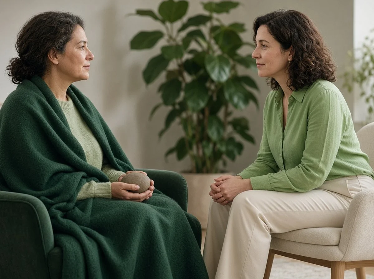 Woman in a green blanket holding a smooth stone, talking calmly with a therapist