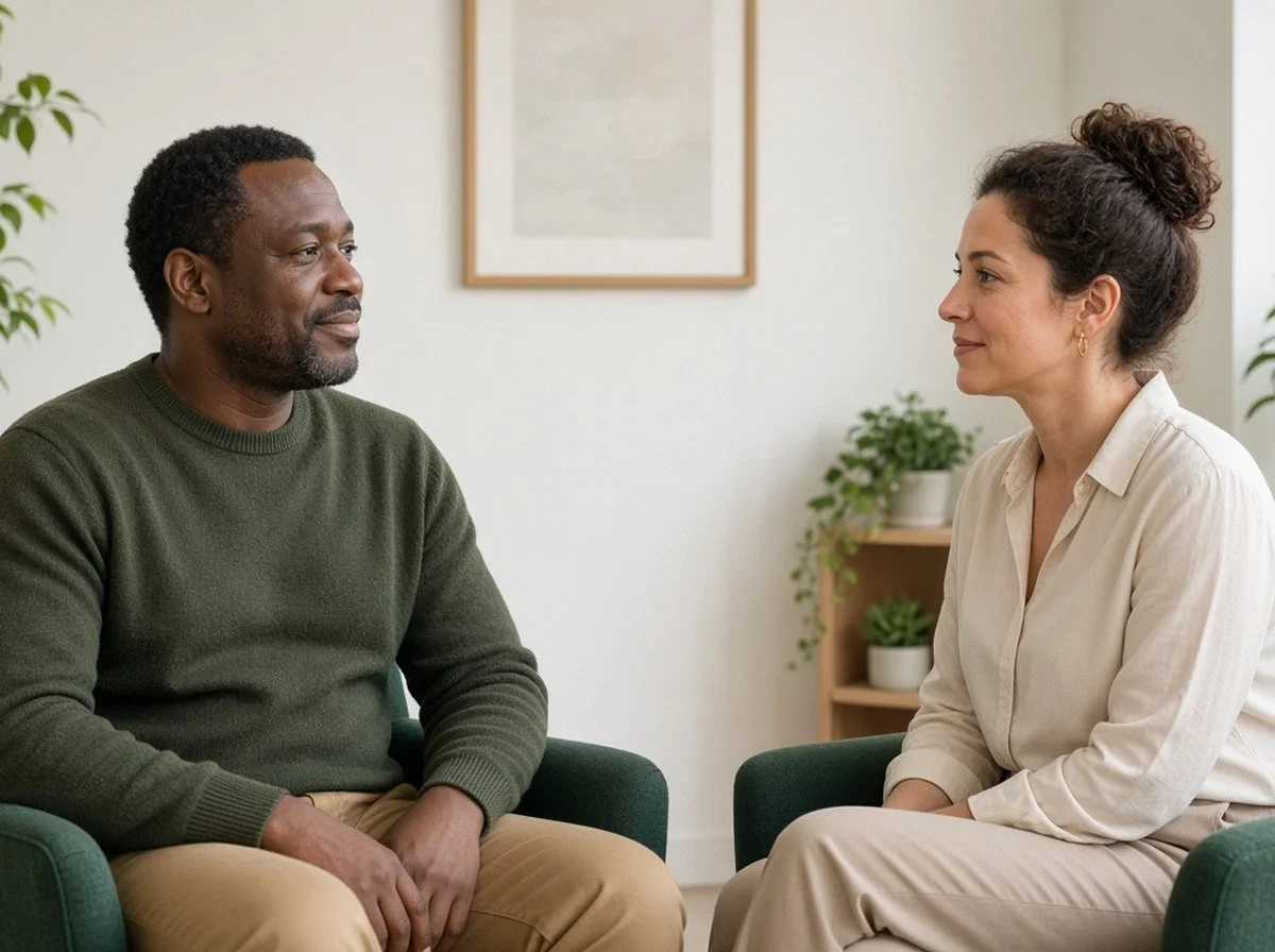 Man in his forties smiling slightly while talking with a woman therapist