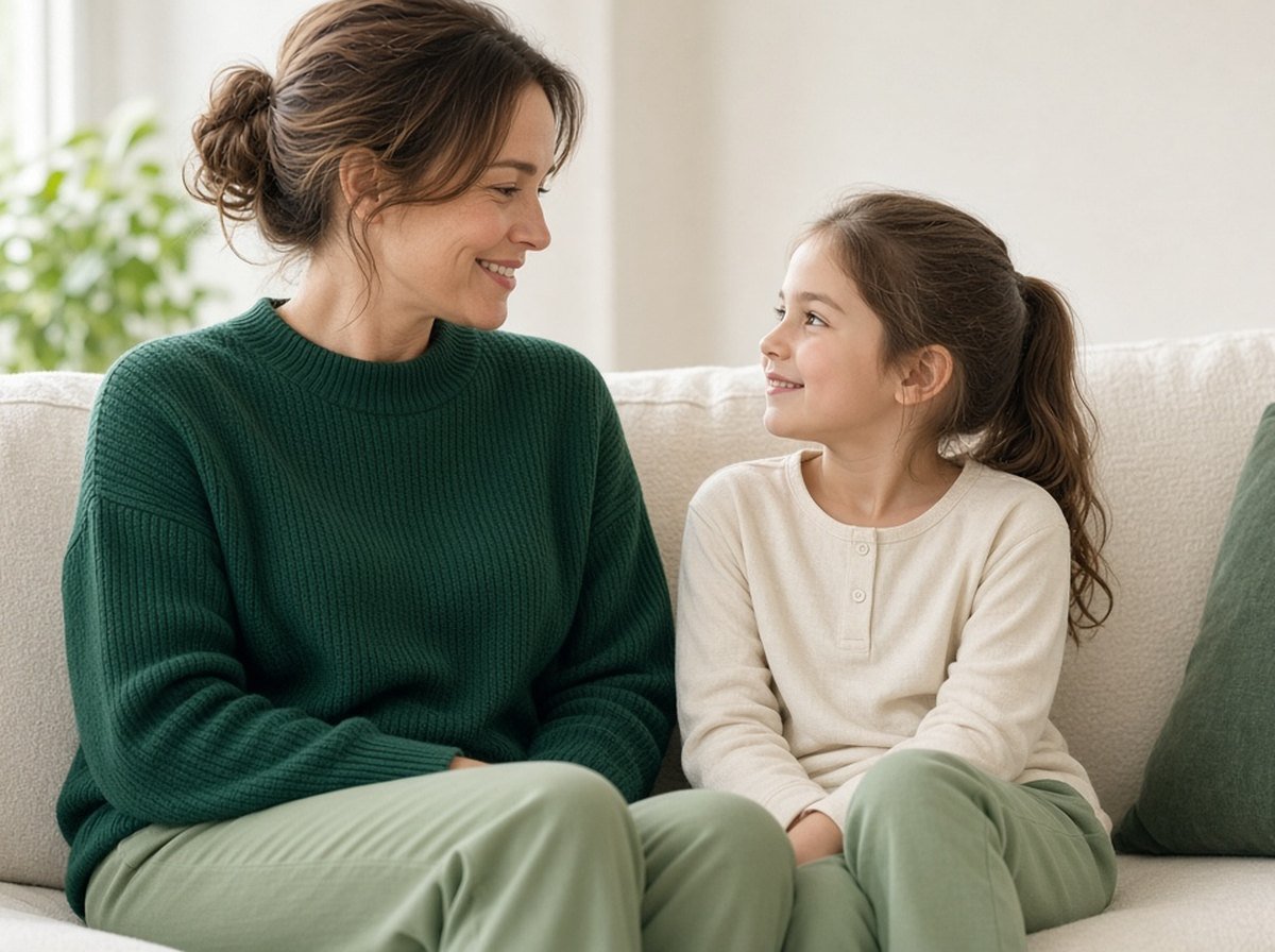 A parent and child breathing together on a couch