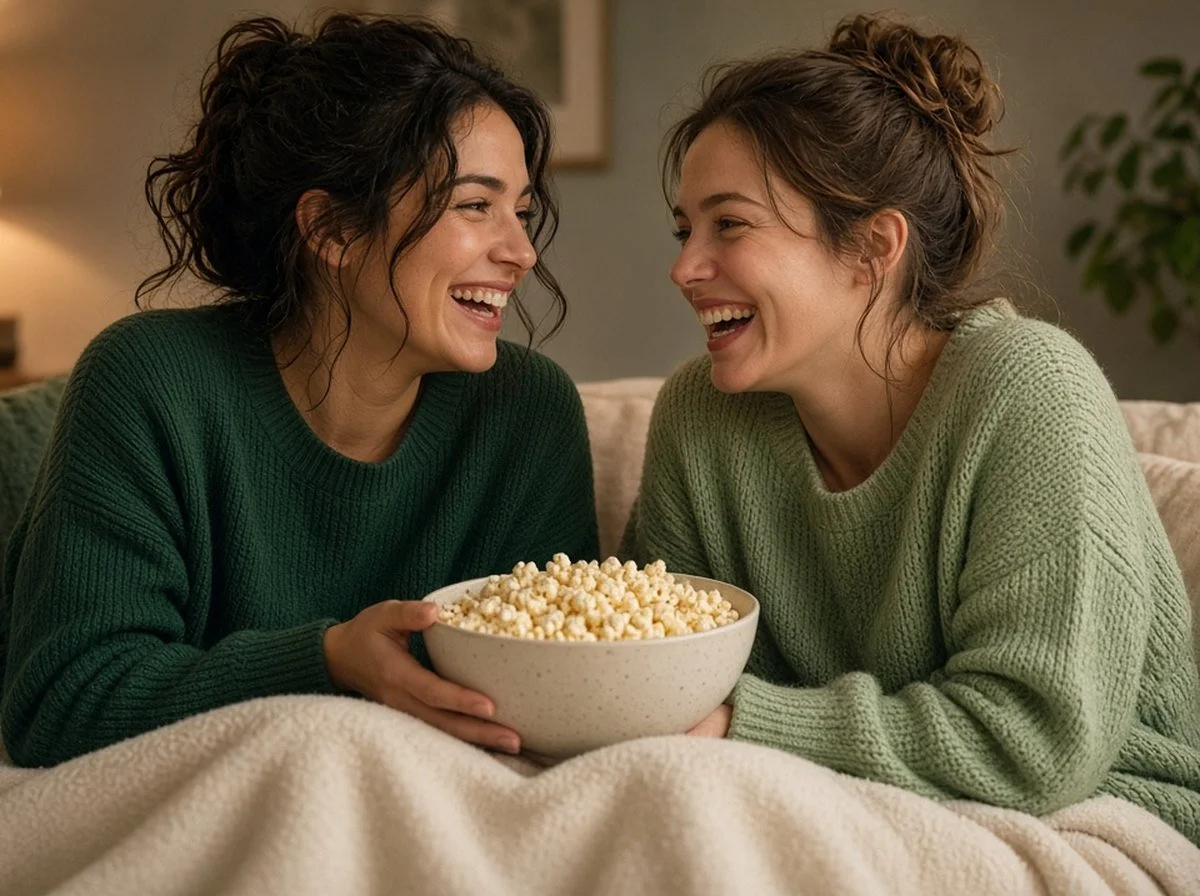 Two friends laughing together on a couch during a movie night