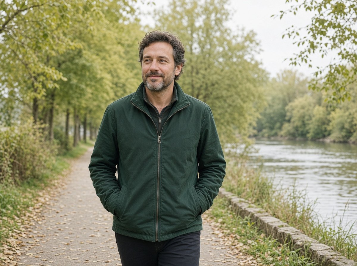 Man walking calmly along a riverside path in autumn