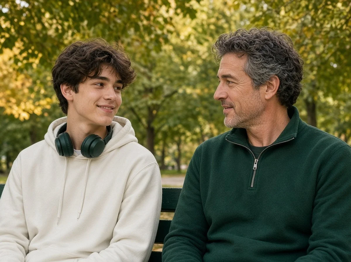 A teenager on a park bench talking with a parent