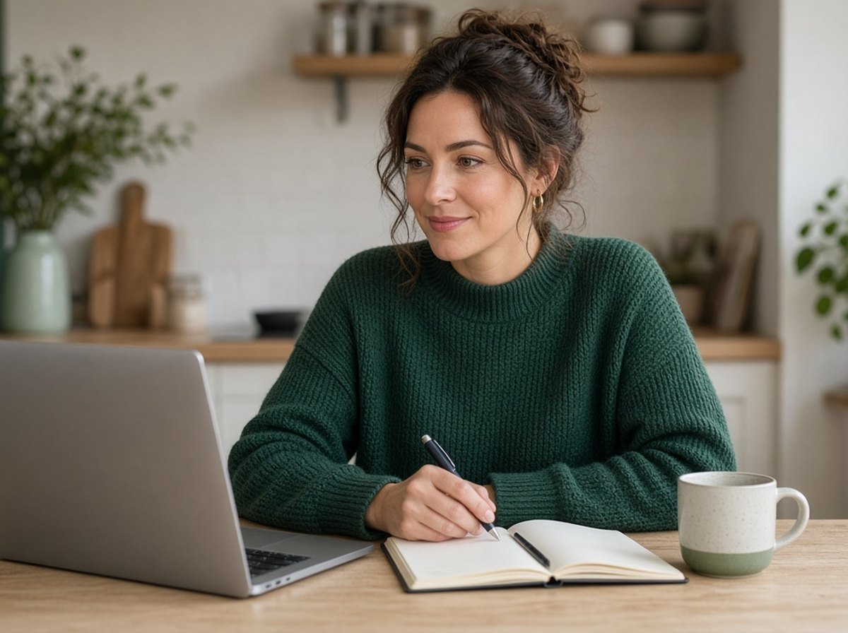 Woman at a kitchen table reviewing her benefits plan on a laptop