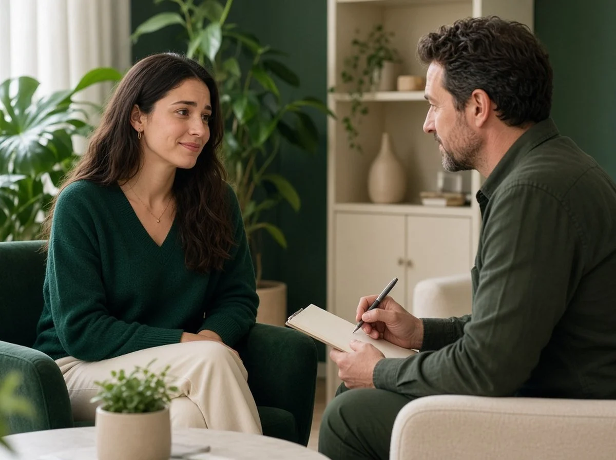 A young woman working with her therapist with a determined expression
